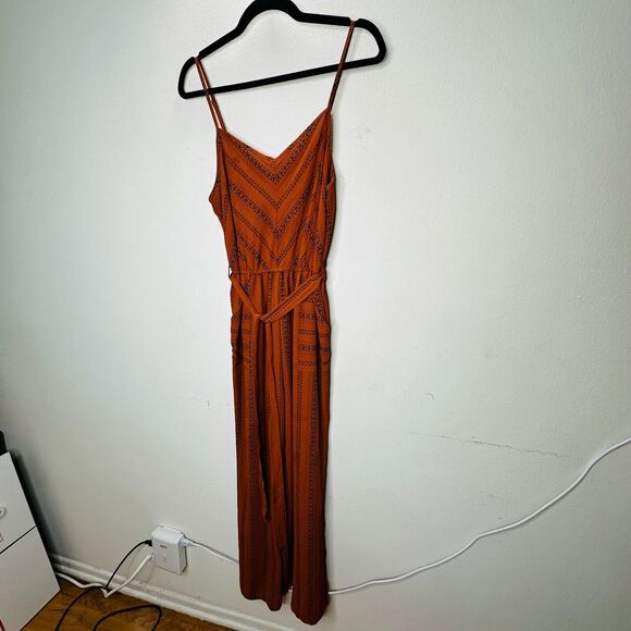 E & M Rust & Black Aztec Print V-Neck Spaghetti Strap Pockets Tie Waist Jumpsuit - Picture 3 of 16